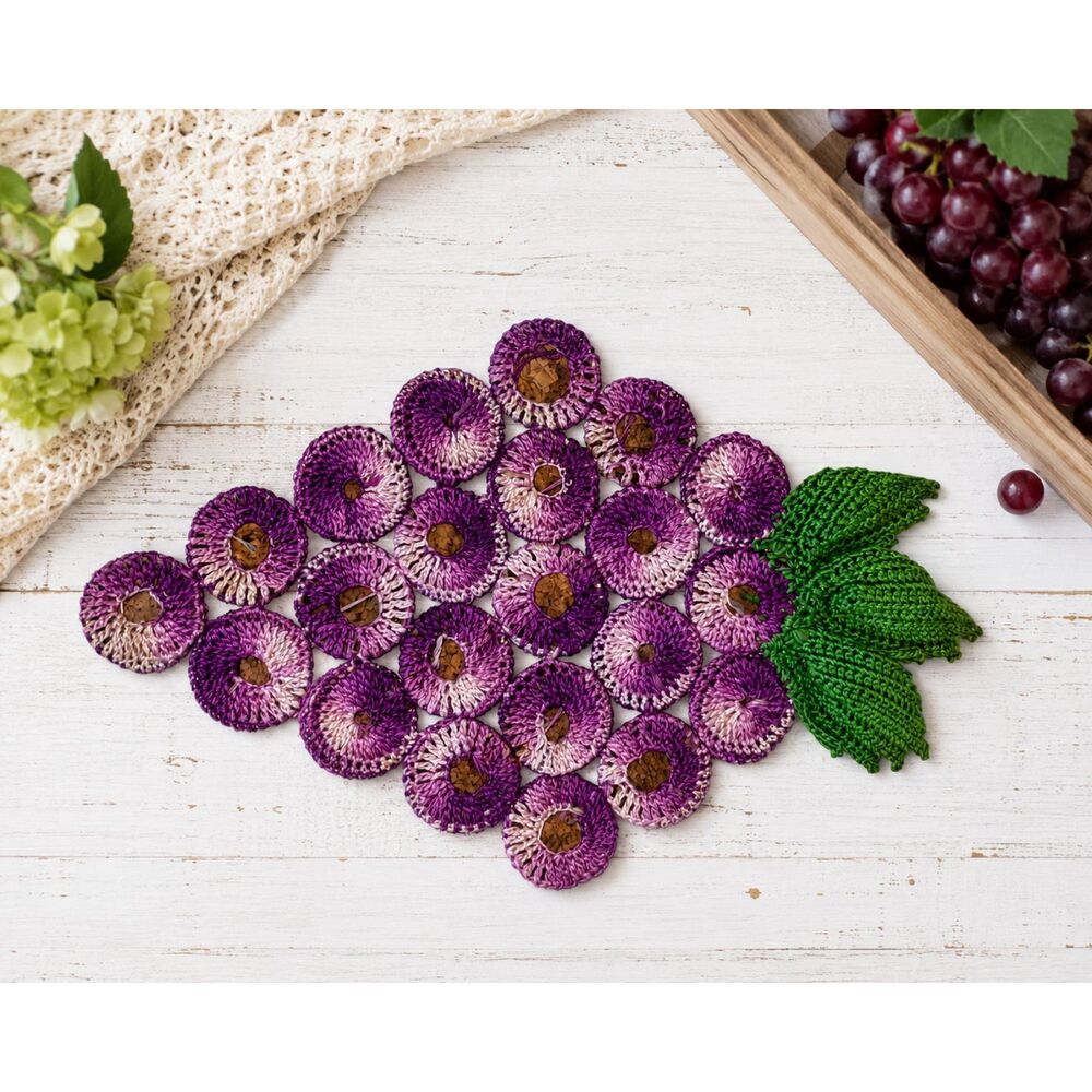 Vintage Handmade Crochet Grape Cluster Trivet Hot Pad Purple Grapes cottage core